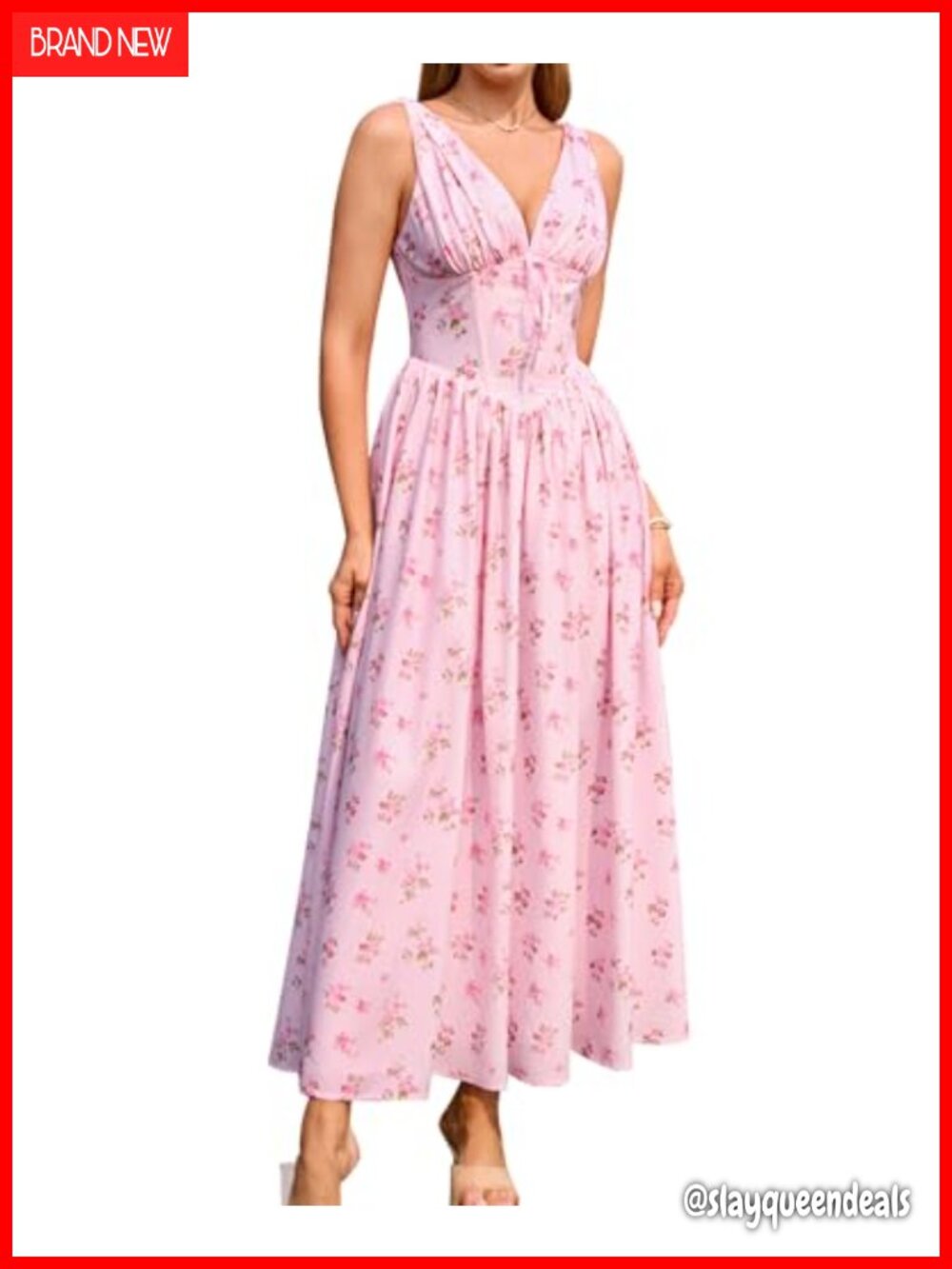 Corset A-Line Flowy Midi Dress with Pockets V-Neck Sleeveless
